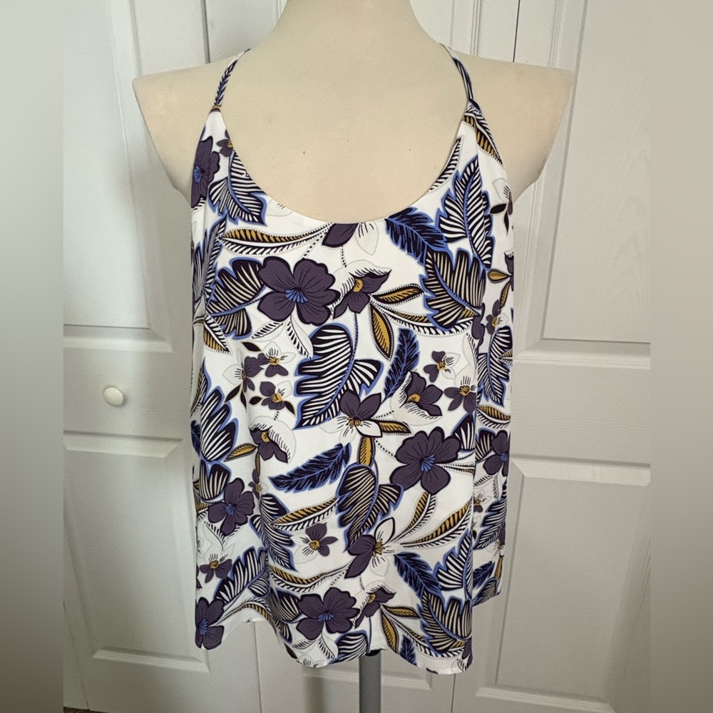 LOFT White Camisole with Purple and Gold Floral Design